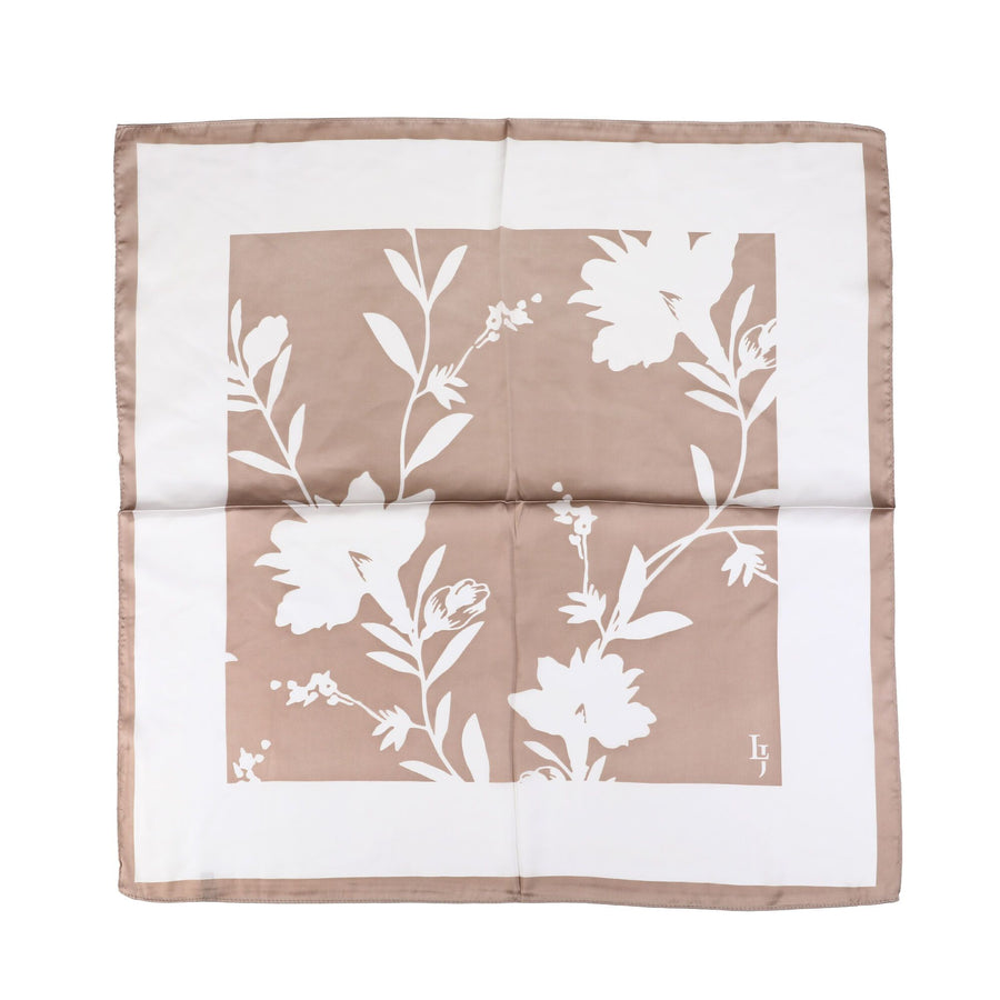 Sjaaltje met bloemenprint – taupe/wit