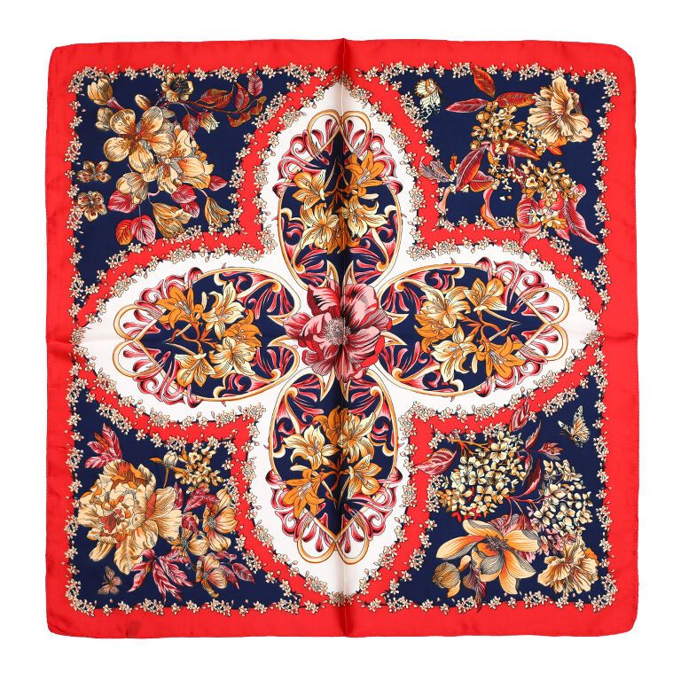 Sjaaltje met barokke bloemenprint – rood/blauw
