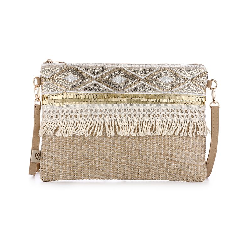 Crossbodytasje met franjes – beige